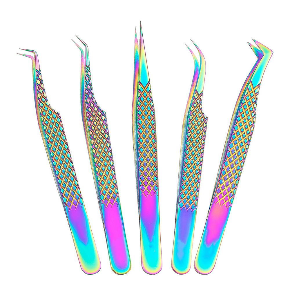 Eyelash Tweezers Set Rainbow Titanium Coated